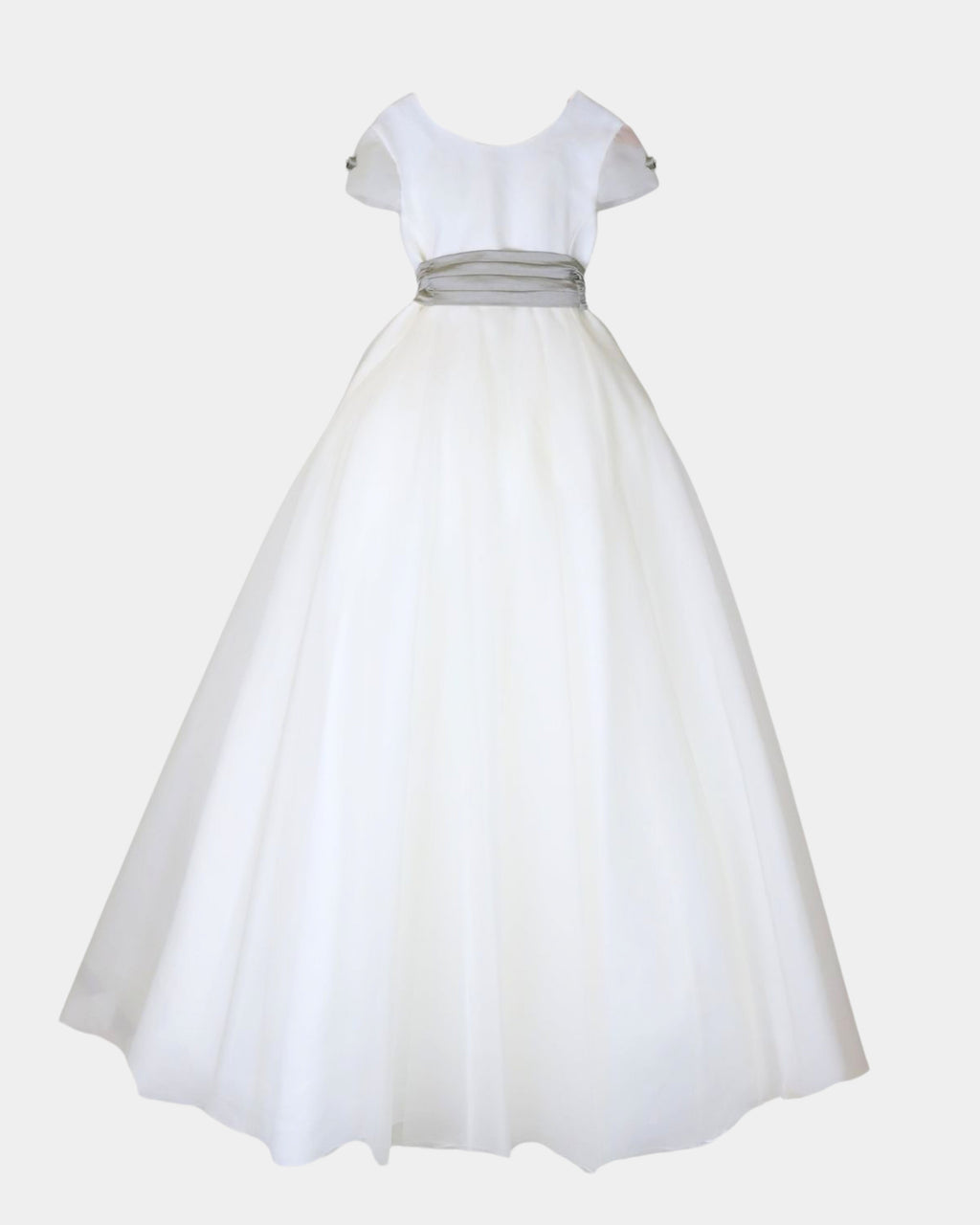 VESTIDO EVASÉ EN LINO CON SOBRE FALDA A CAPA DE ORGANZA M/C, 4 FLORES