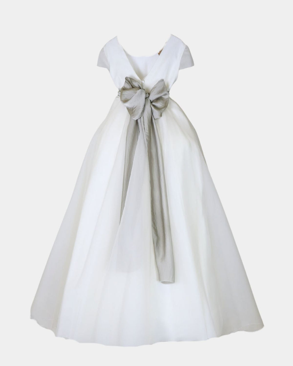VESTIDO EVASÉ EN LINO CON SOBRE FALDA A CAPA DE ORGANZA M/C, 4 FLORES