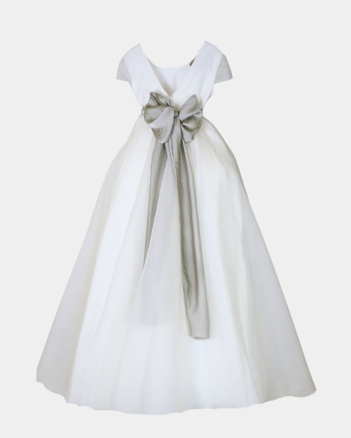 VESTIDO EVASÉ EN LINO CON SOBRE FALDA A CAPA DE ORGANZA M/C, 4 FLORES